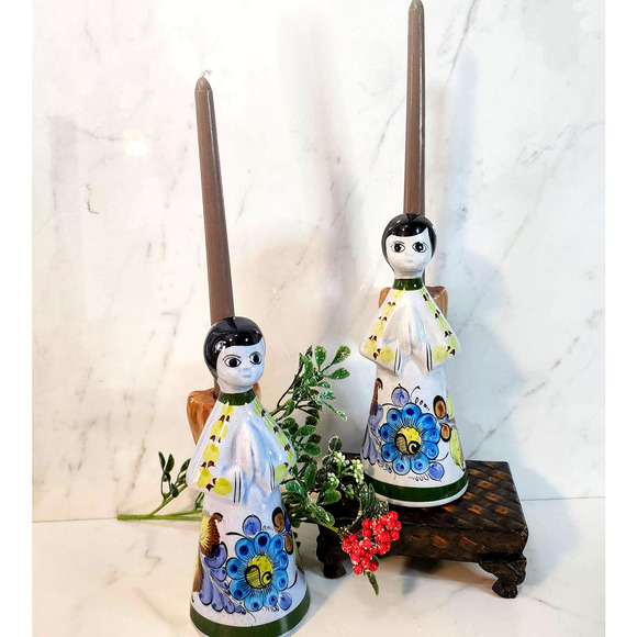 Set of 2 Vintage Tonala Ceramic Pottery Angel Candle Stick Holders Mexico 9" - Picture 8 of 10
